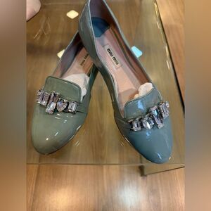 Miu Miu green Patent Leather Loafers with Crystal Accents